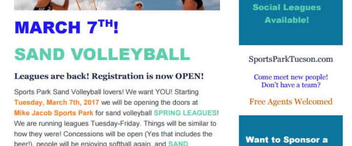 Sand Volleyball Starts Mar 7 Sports Park Flyer Sand Volleyball Starts Mar 7 Sports Park Flyer